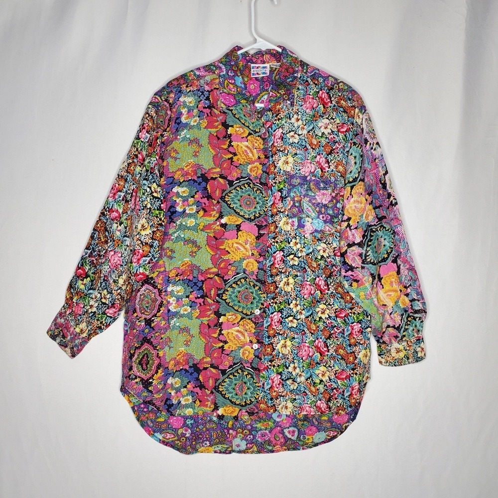 Nuovo Button Top Medium Vtg Mixed Floral Patchwork Multicolor Artsy Long Sleeve